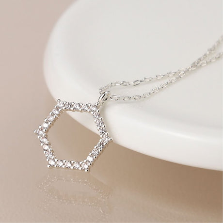 POM Silver Plated Pave Crystal Hexagon Necklace - Old Railway Line Garden Centre