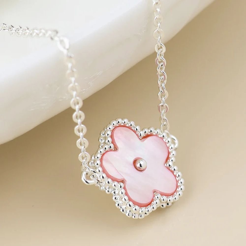 POM Silver Plated Pink Mother Of Pearl Flower Necklace - Old Railway Line Garden Centre