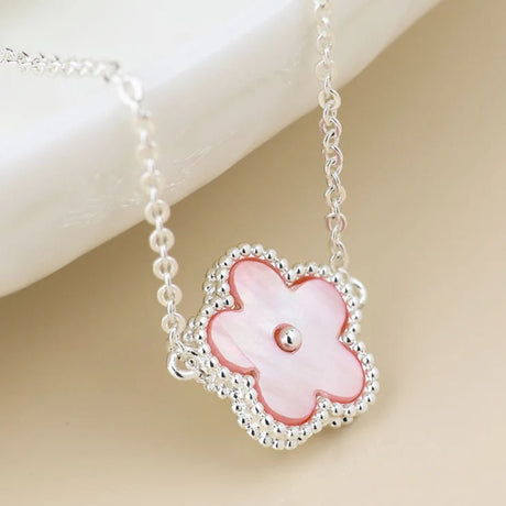 POM Silver Plated Pink Mother Of Pearl Flower Necklace - Old Railway Line Garden Centre