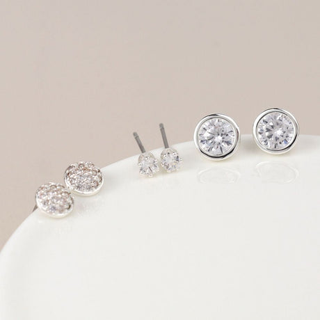 POM Silver Plated Triple Round Crystal Stud Earring Set - Old Railway Line Garden Centre