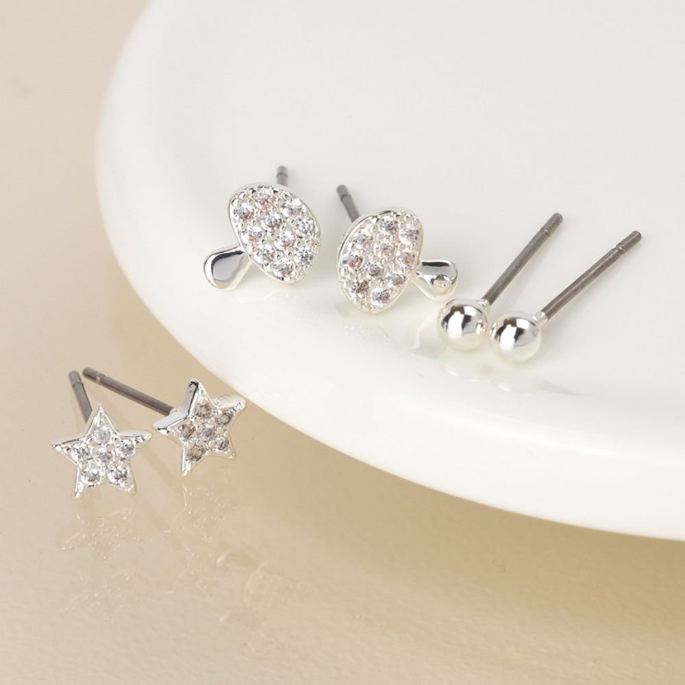 POM Silver Plated Triple Toadstool And Flower Earring Set - Old Railway Line Garden Centre