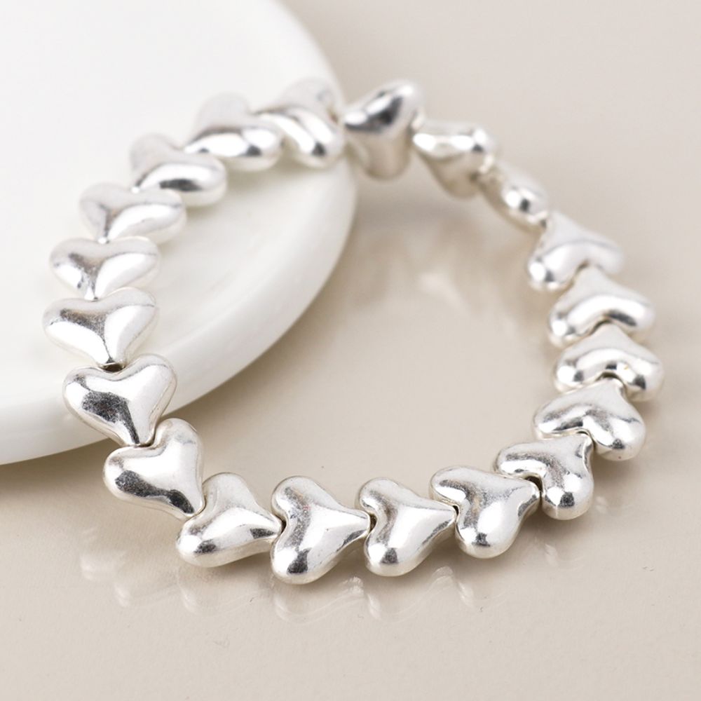 POM Silver Plated Worn Hearts Stretch Bracelet - Old Railway Line Garden Centre