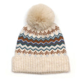POM Sofia Cream Mix, Rust and Teal Zigzag Stripes Bobble Hat