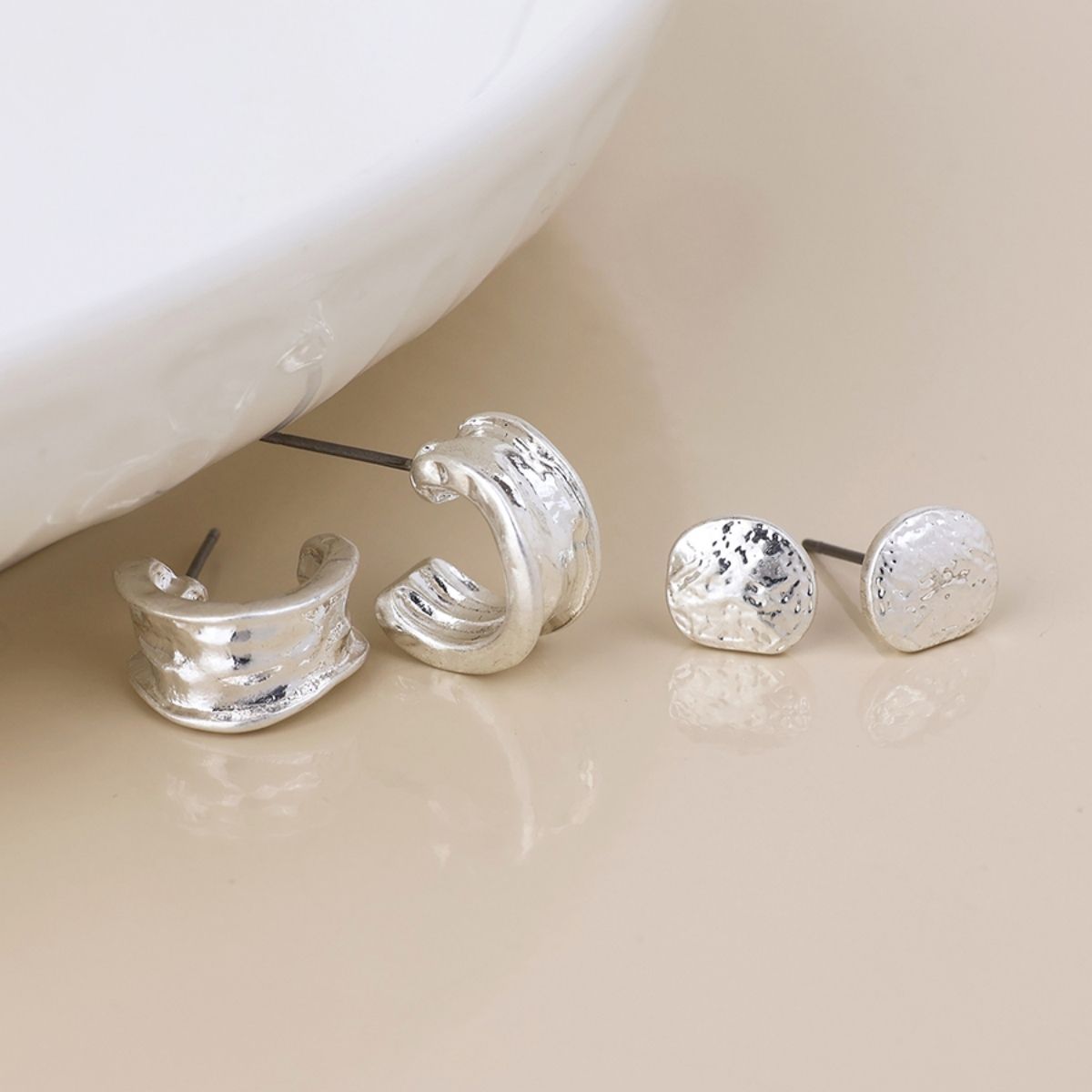 POM Solstice Silver Plated Worn Textured Pebble Stud and Hoop Duo