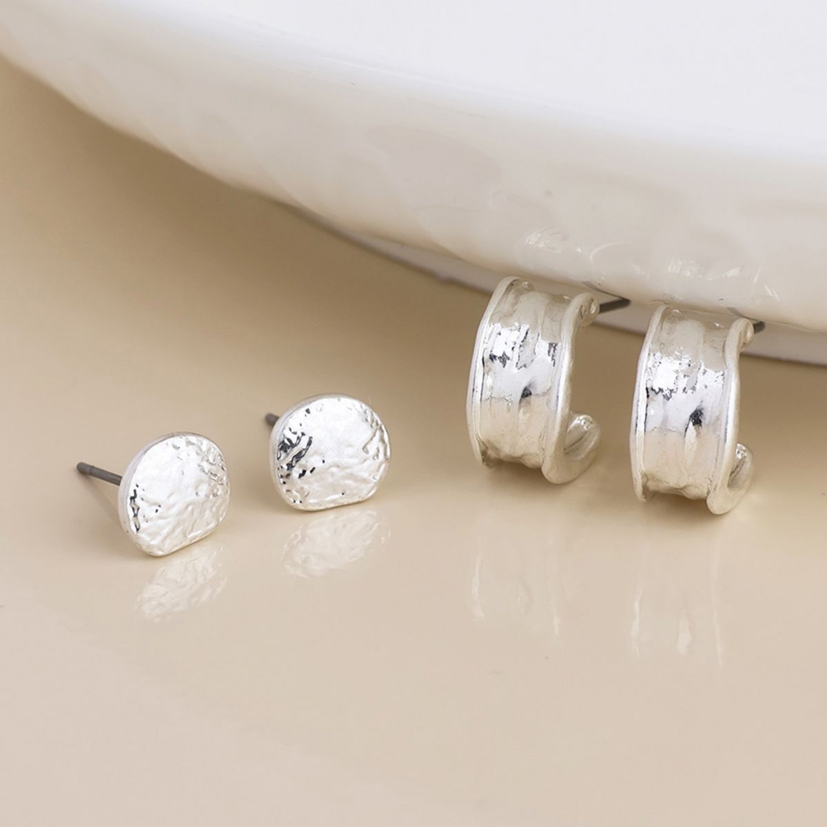 POM Solstice Silver Plated Worn Textured Pebble Stud and Hoop Duo