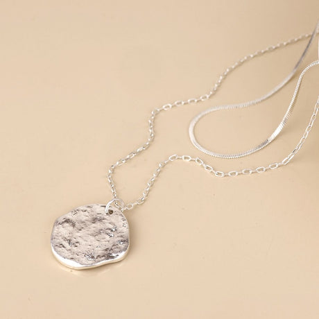 POM Solstice Worn Silver Plated Textured Disc Layered Chain Necklace
