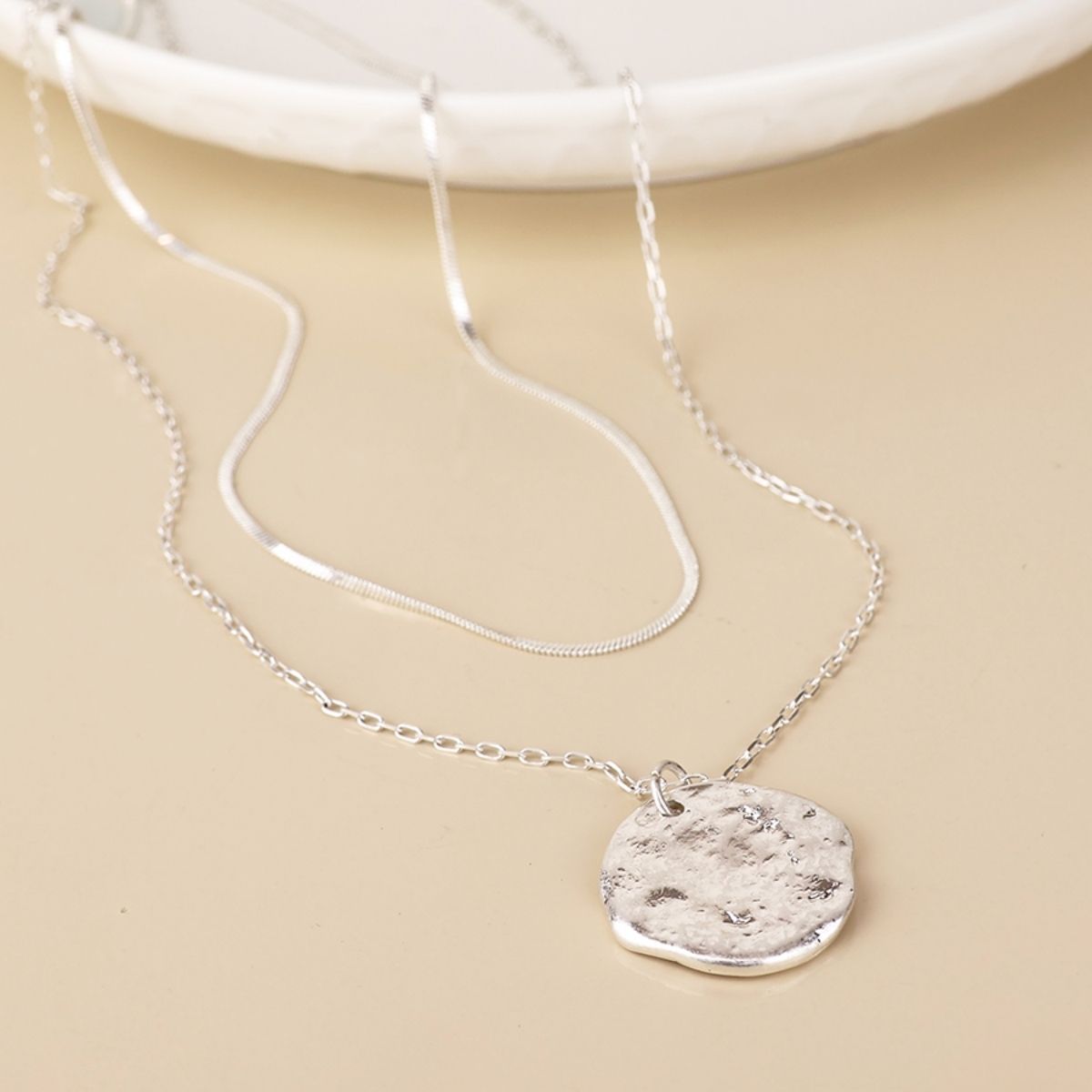 POM Solstice Worn Silver Plated Textured Disc Layered Chain Necklace