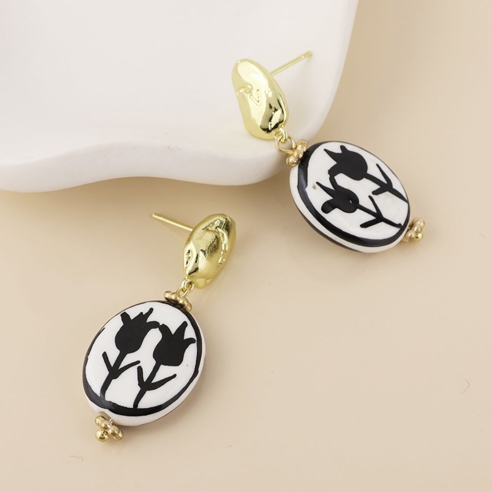 POM Sylvie Stainless Steel Gold Plated Pebble and Monochrome Tulip Earrings