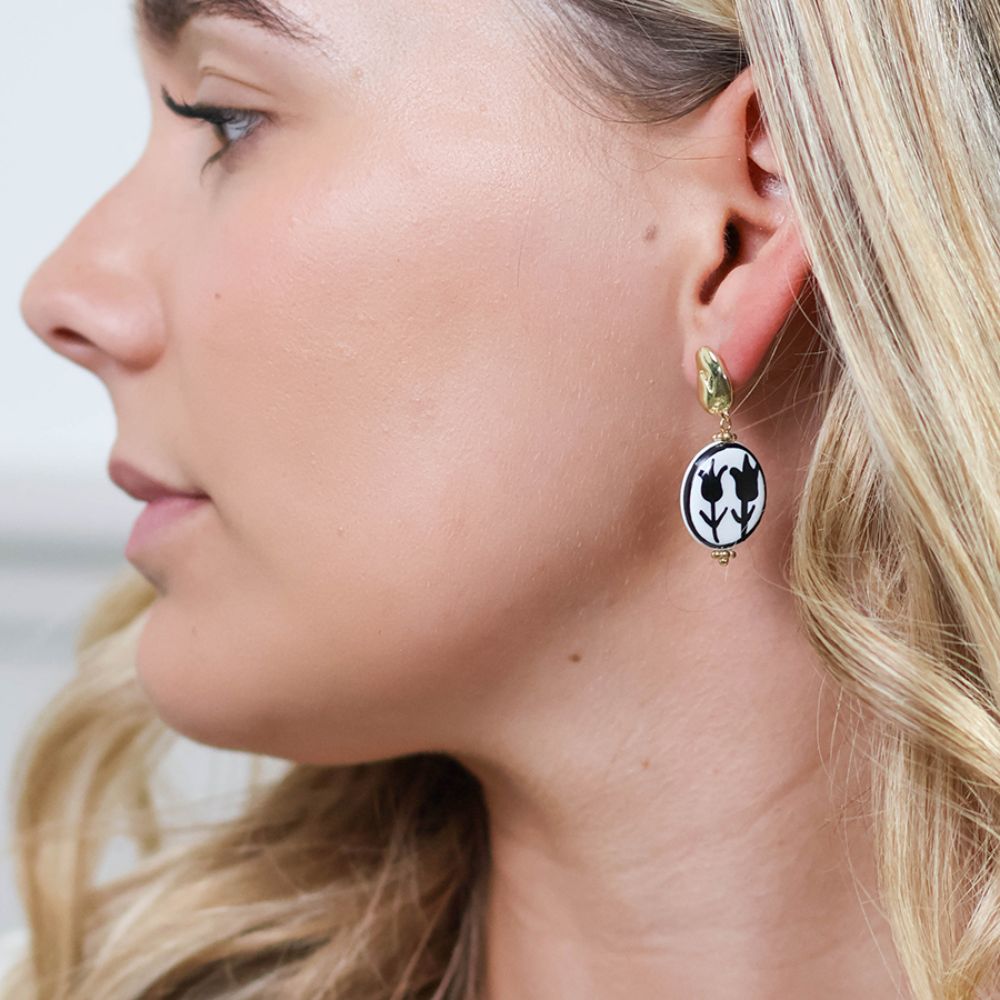 POM Sylvie Stainless Steel Gold Plated Pebble and Monochrome Tulip Earrings