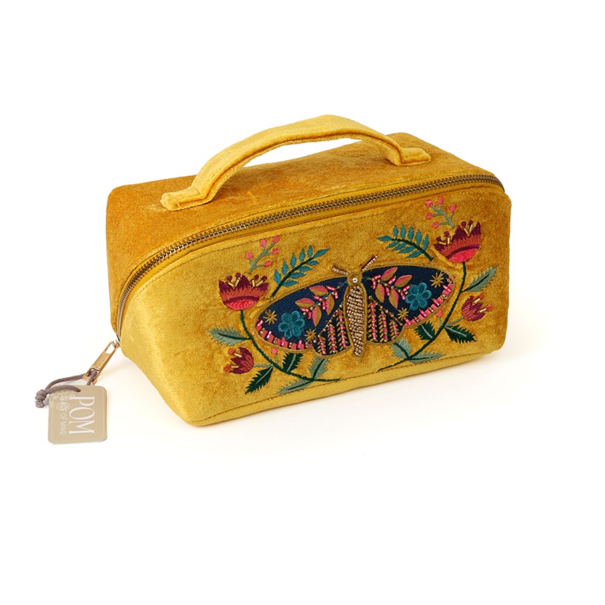POM Tiger Moth Mustard Velvet Embellished Make-up Bag
