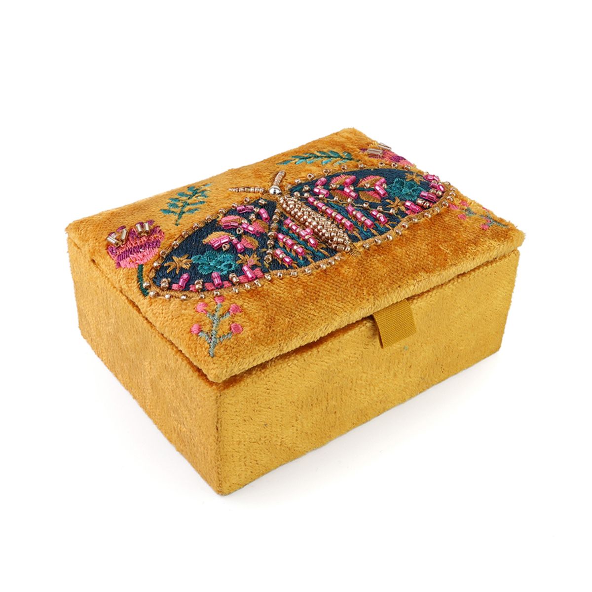 POM Tiger Moth Mustard Velvet Embellished Small Jewellery Box