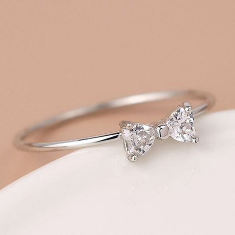 POM White Gold Plated Simple Crystal Bow Ring (Small-Medium) - Old Railway Line Garden Centre