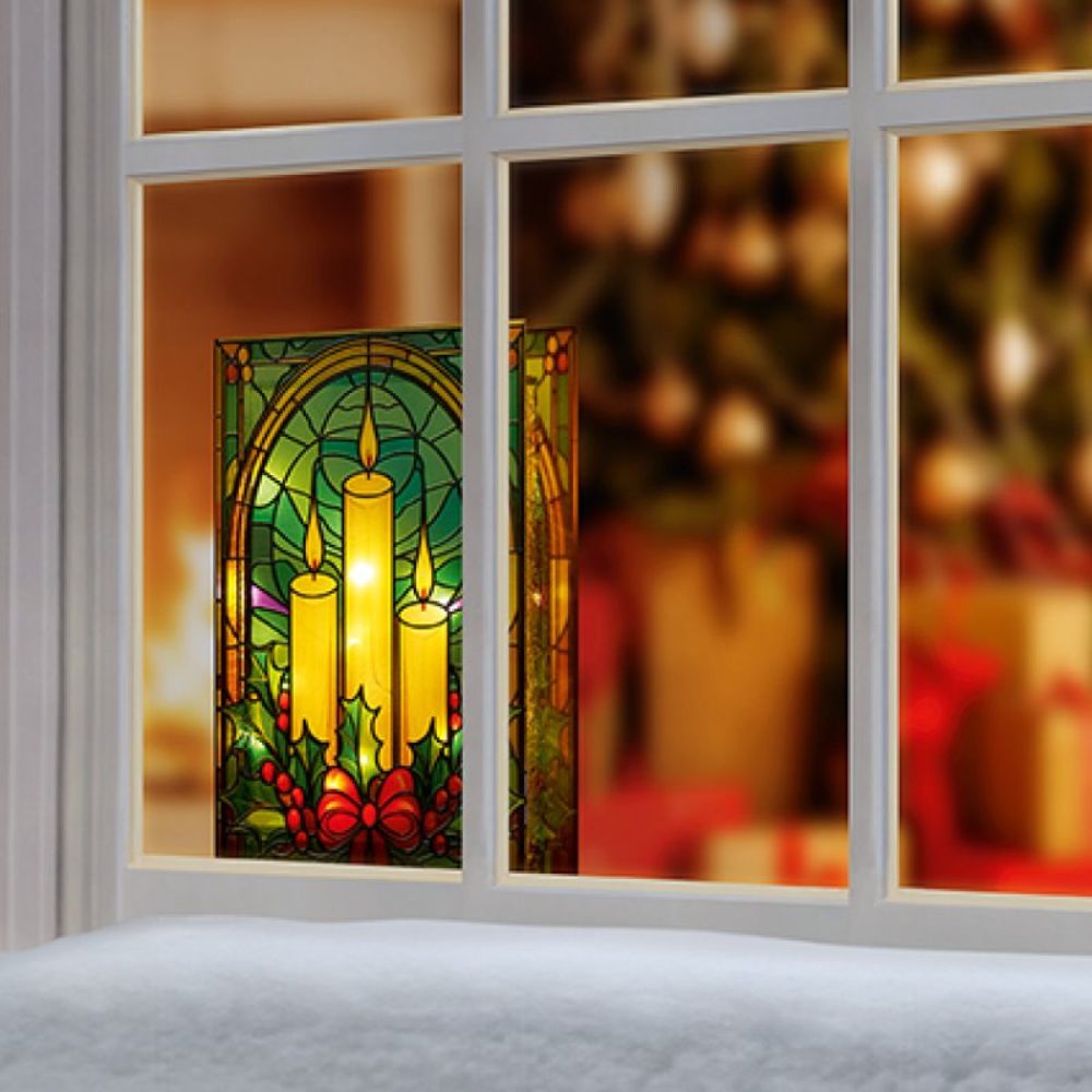 Premier 21cm Battery Operated Lit Candles and Holly Stained Glass