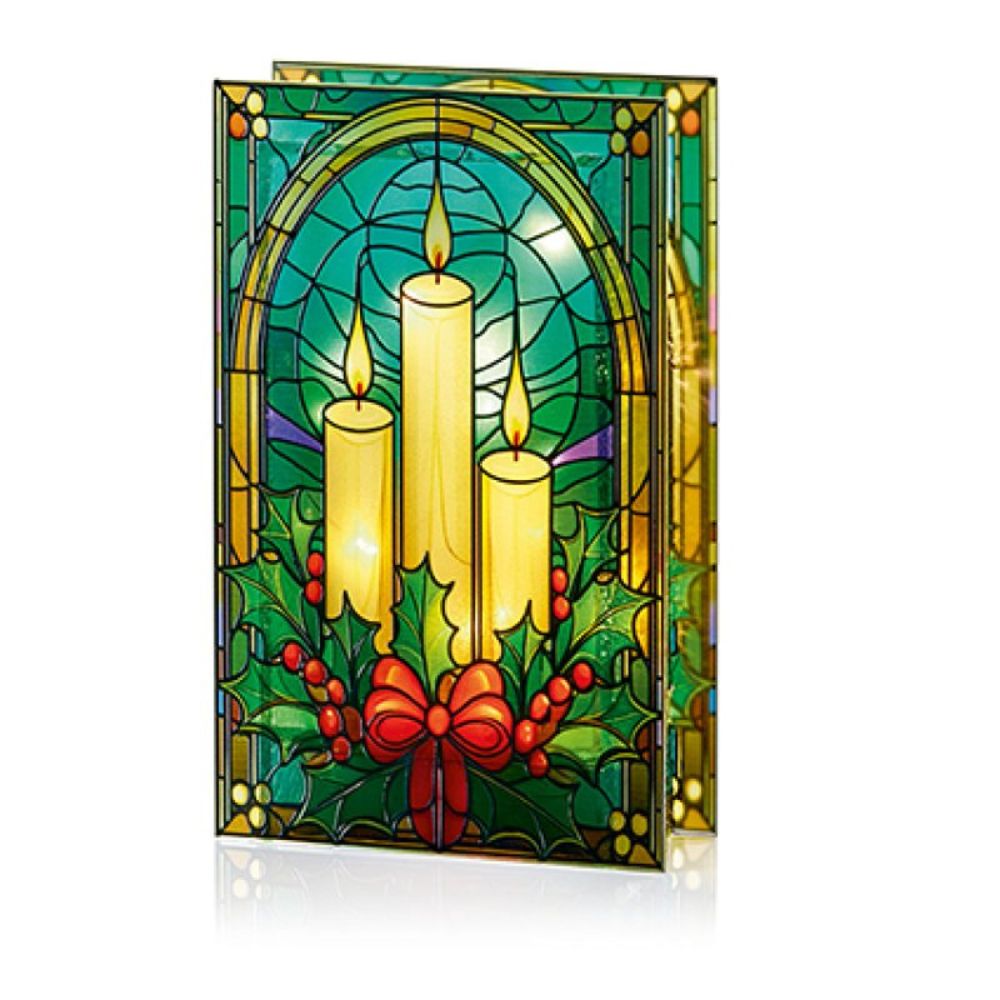 Premier 21cm Battery Operated Lit Candles and Holly Stained Glass
