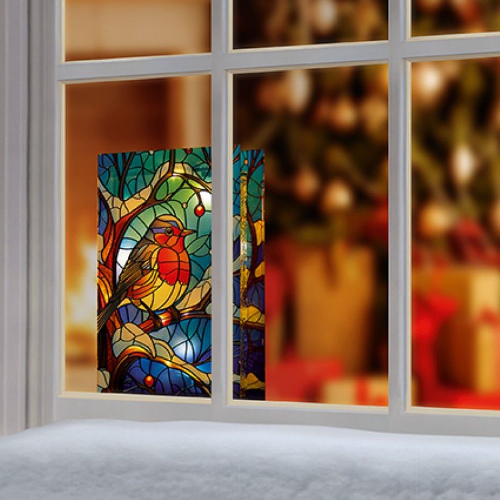 Premier 21cm Battery Operated Lit Robin on Branch Stained Glass