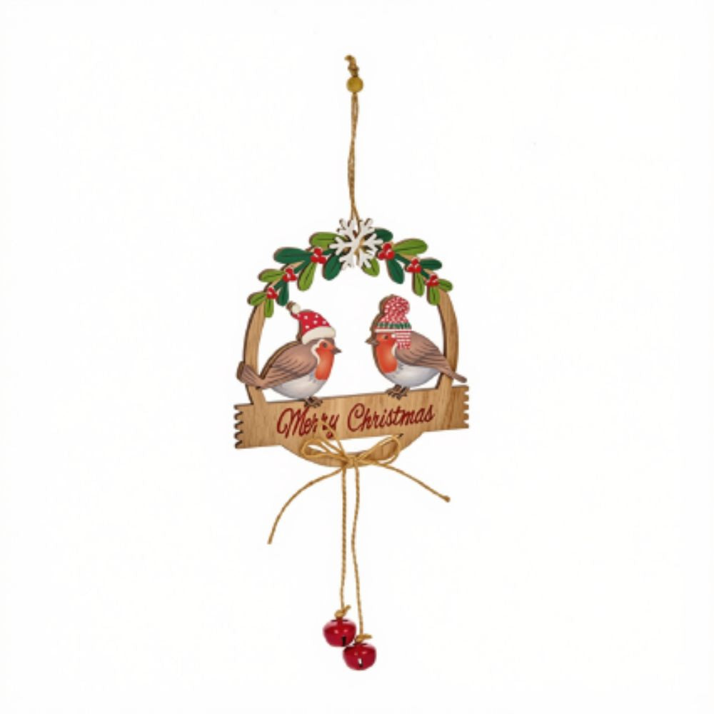 Premier 26cm Wooden Robin Merry Christmas Wall Hanger with Bells