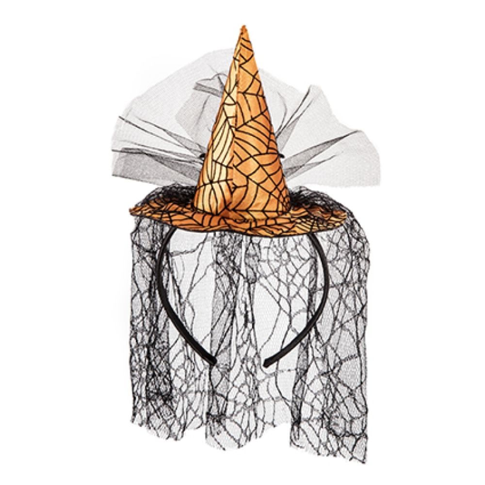 Premier 27cm Orange Witch Hat with Black Spiderweb Lace Veil