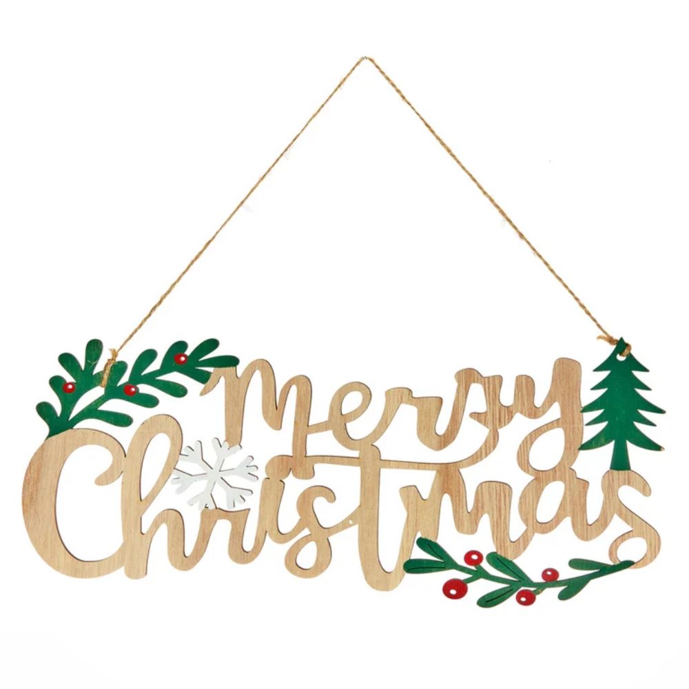 Premier 29.5cm Wood Merry Christmas with Holly Berry Hanger