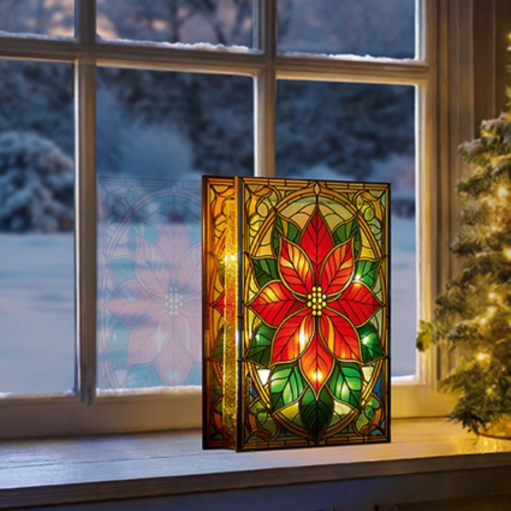 Premier Decorations 21cm Poinsettia Stained Glass Table Decoration - LB251400