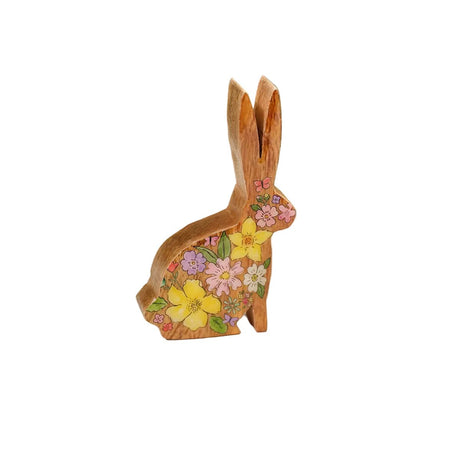 Richard Lang 10cm Bunny Hops Mango Wood Bunny Shaped Block with Flower Design - Old Railway Line Garden Centre