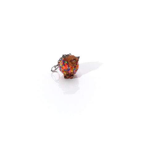Richard Lang 4cm Highland Cow Rainbow Pom Pom Wooden Keyring - Old Railway Line Garden Centre