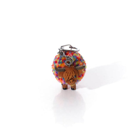 Richard Lang 4cm Highland Cow Rainbow Pom Pom Wooden Keyring