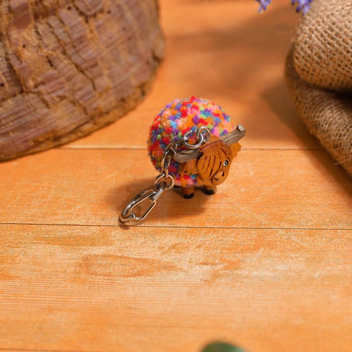Richard Lang 4cm Highland Cow Rainbow Pom Pom Wooden Keyring