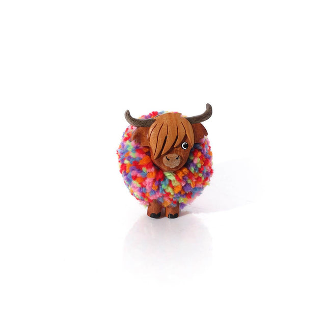 Richard Lang 6cm Highland Cow Rainbow Pom Pom Wooden Ornament - Old Railway Line Garden Centre
