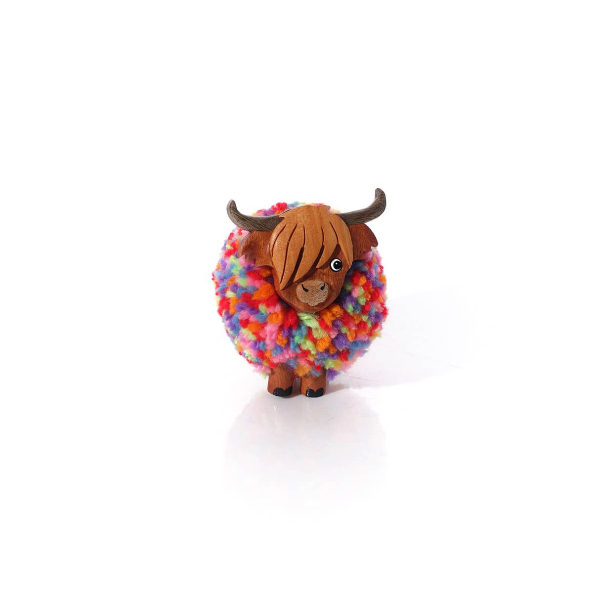 Richard Lang 6cm Highland Cow Rainbow Pom Pom Wooden Ornament