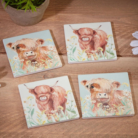 Richard Lang Highland Cow Floral Coaster (Choice of 2) - Old Railway Line Garden Centre