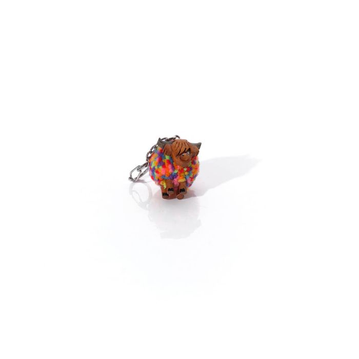 Richard Lang 4cm Highland Cow Rainbow Pom Pom Wooden Keyring