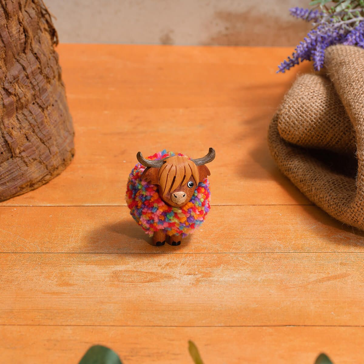 Richard Lang 6cm Highland Cow Rainbow Pom Pom Wooden Ornament