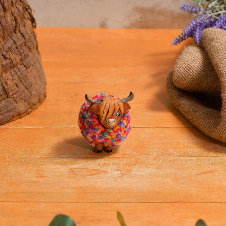 Richard Lang 6cm Highland Cow Rainbow Pom Pom Wooden Ornament