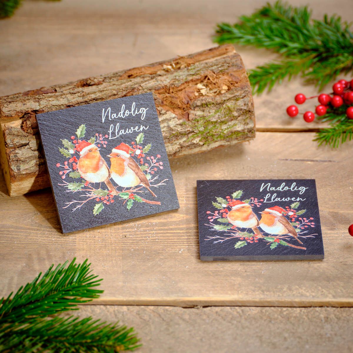 Richard Langs 10cm Slate Christmas Robins Coaster - Set of 2