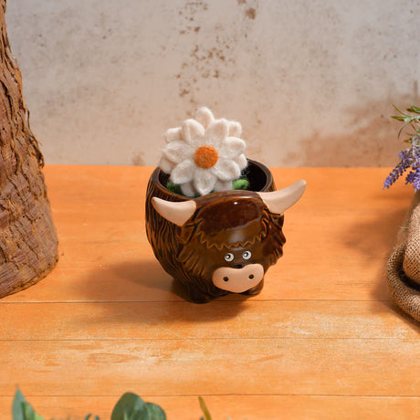 Richard Langs 12cm Highland Cow Novelty Stoneware Planter - Old Railway Line Garden Centre