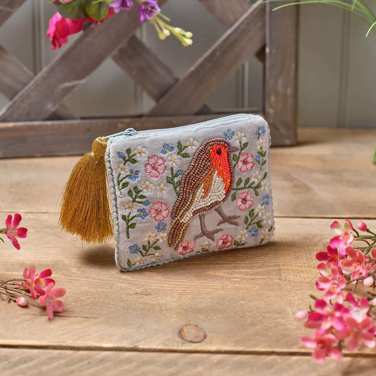 Richard Lang 13cm Robin & Flower Embroidery Coin Purse with Tassel