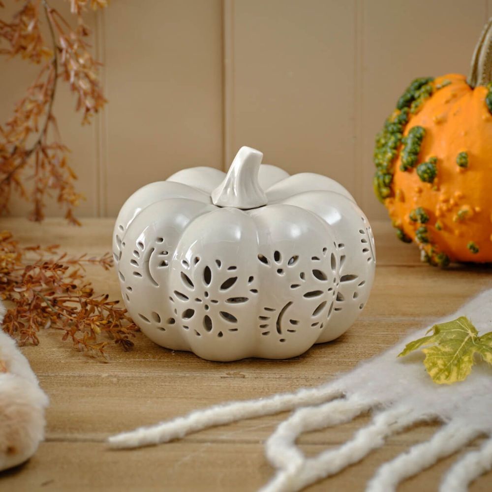 Richard Langs 18.5cm White Ceramic LED Harvest Pumpkin Ornament
