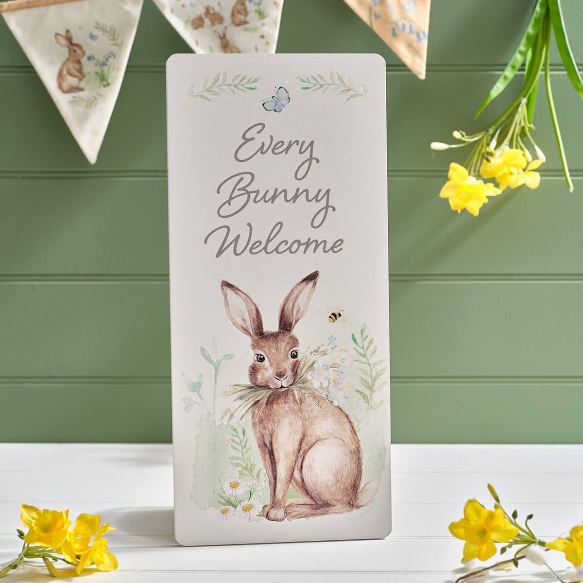 Richard Langs 18cm Meadow Fields 'Every Bunny Welcome' Wooden Sign - Old Railway Line Garden Centre