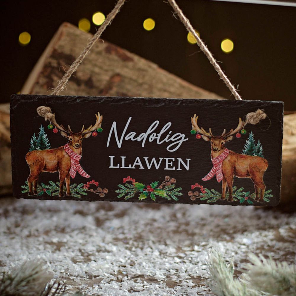 Richard Langs Christmas 24cm Nadolig Llawen Festive Stag Slate Plaque