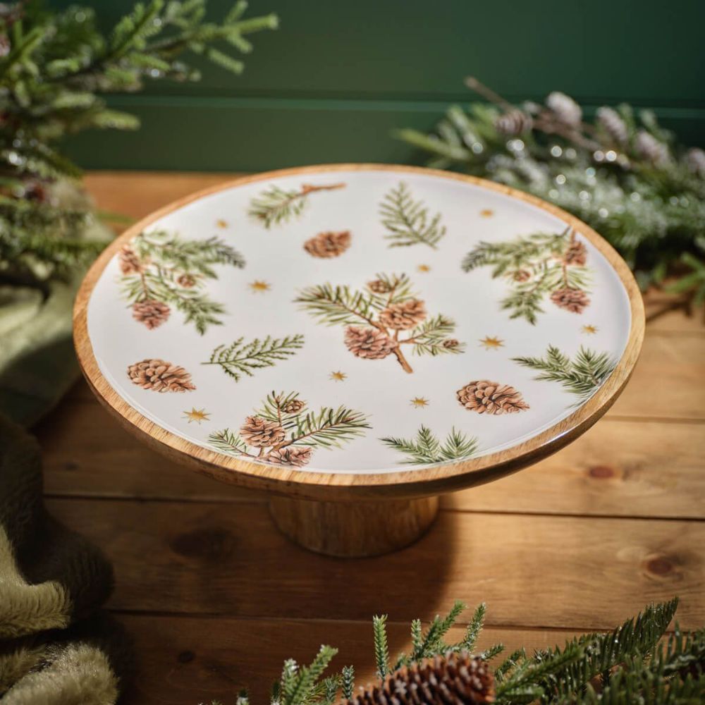 Richard Langs 30cm Evergreen Fir & Pinecone Cake Stand - Mango Wood & Enamel