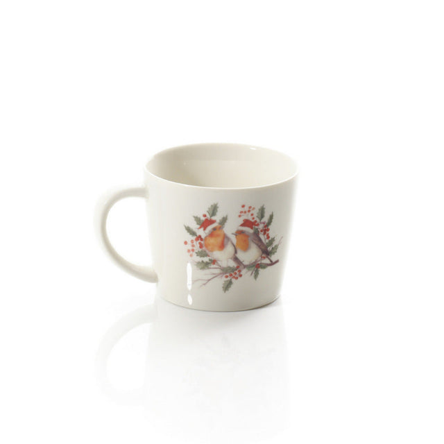 White mug with floral design on a white background
