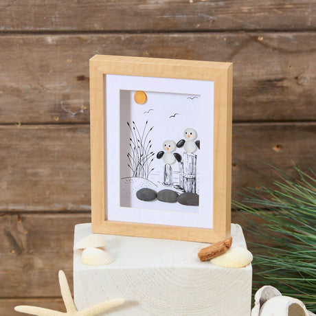 Richard Langs Glass Pebble Seagulls Wooden Frame - 8FG100 - Old Railway Line Garden Centre
