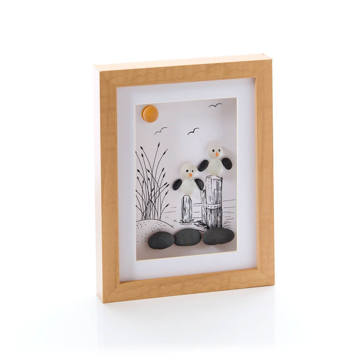 Richard Langs Glass Pebble Seagulls Wooden Frame - 8FG100 - Old Railway Line Garden Centre