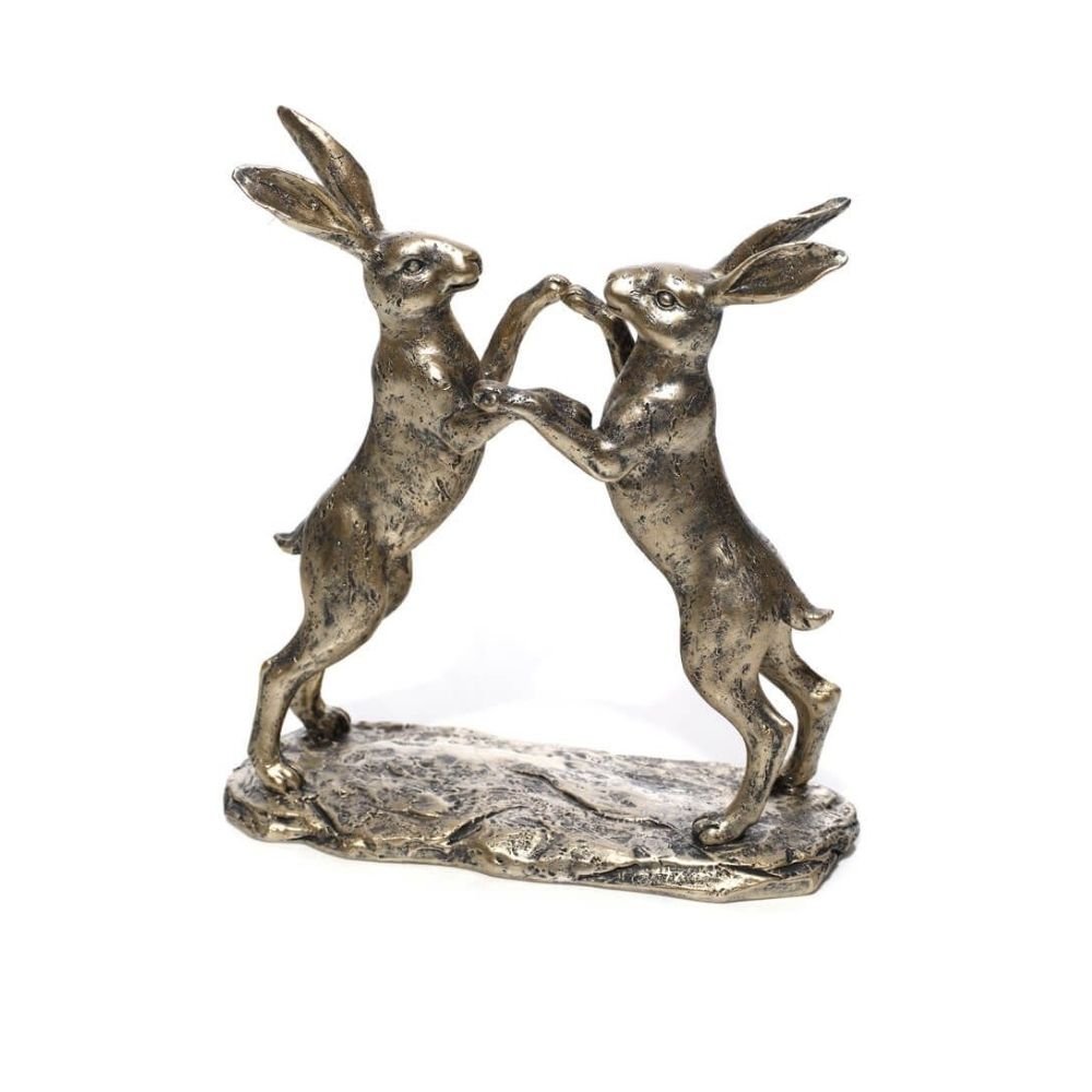 Richard Langs Hares Boxing Resin Ornament - Bronze - Old Railway Line Garden Centre