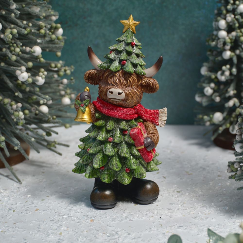 Richard Langs Highland Cow in Christmas Tree Outfit