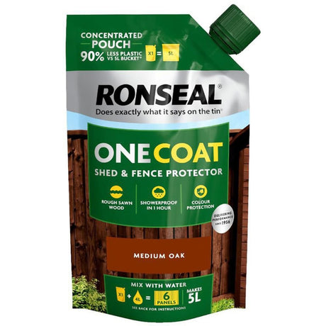 Ronseal 950ml One Coat Shed & Fence Concentrated Pouch - Medium Oak - Old Railway Line Garden Centre