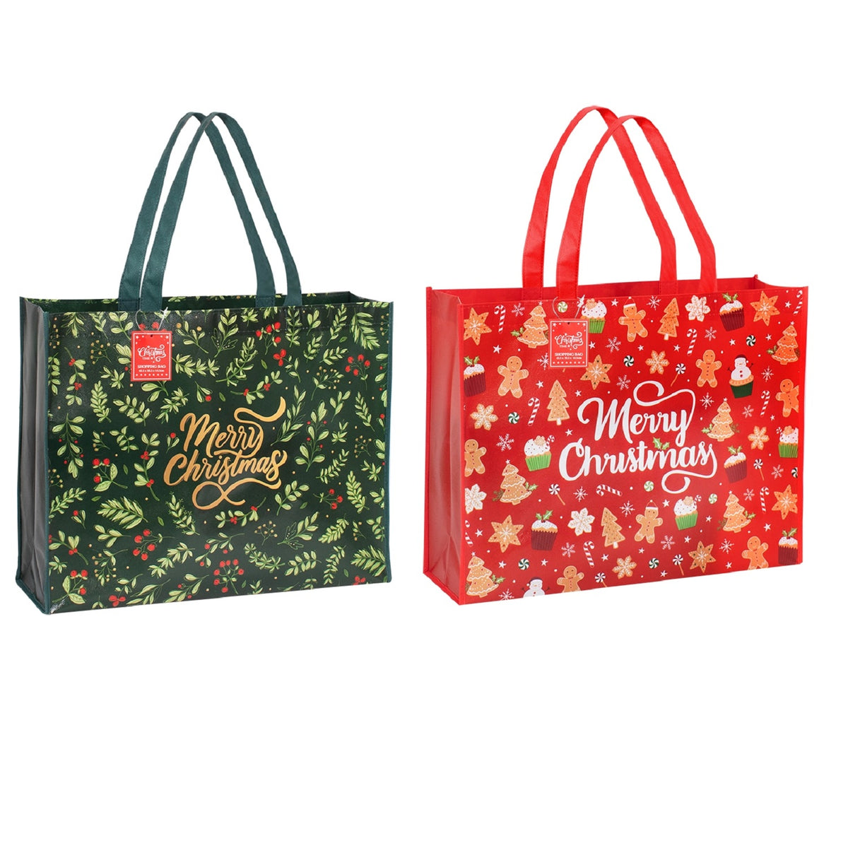 Two Christmas-themed shopping bags, one green with festive patterns and 'Merry Christmas' text, the other red with gingerbread men and cookies.