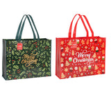 Two Christmas-themed shopping bags, one green with festive patterns and 'Merry Christmas' text, the other red with gingerbread men and cookies.