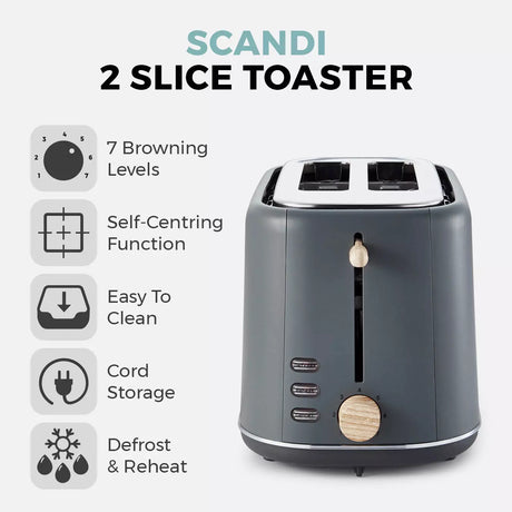 Tower Scandi 2 Slice Grey Toaster