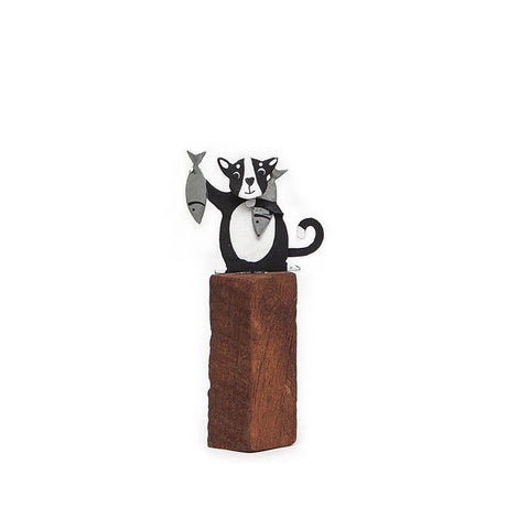 Shoeless Joe 10cm Cats with Fish on Plinths - Old Railway Line Garden Centre